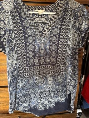 Lucky Brand Navy and White Paisley Mix Short Sleeve Top